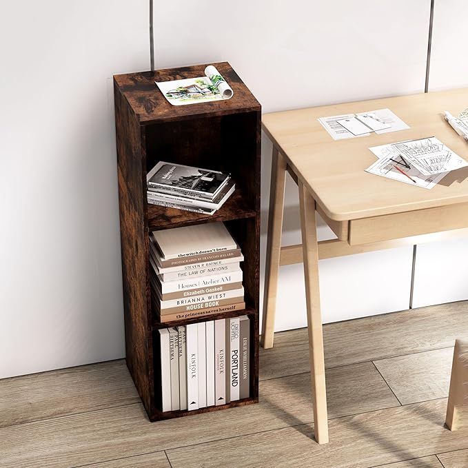 Cube Storage Organizer, 3 Cube Retro Bookshelf, Freestanding 3 Tier Open Shelf, Rustic Brown Retro Shelves for Home Office, B