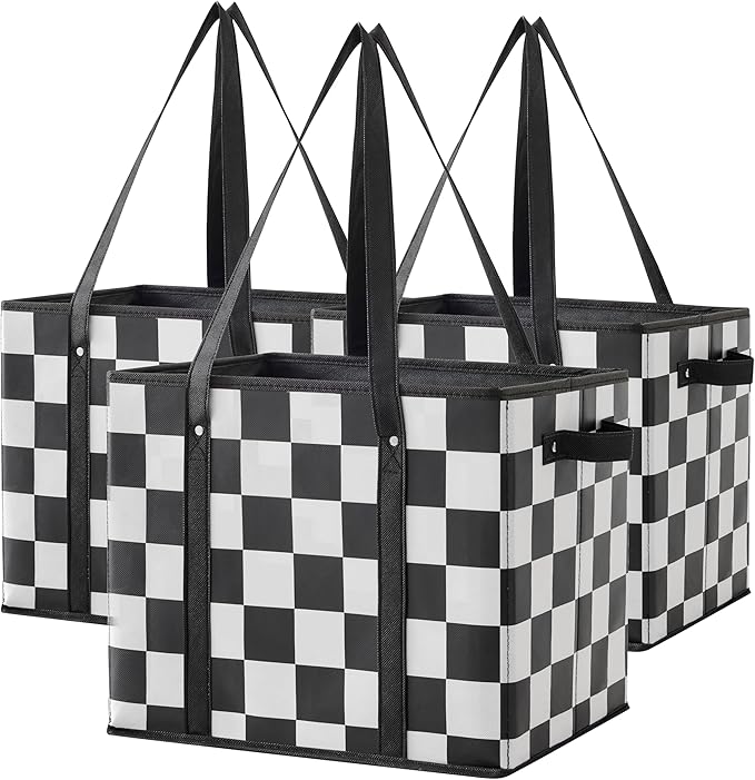 Checkered Reusable Grocery Bags Heavy Duty 3 Pack Foldable Shopping Bags with Handles for Groceries Collapsible Tote
