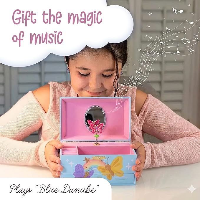 The Memory Building Co Butterfly Musical Jewelry Box Plays Classic Melody, Storage Organizer Music Box for Kids Ages 6-12, MD