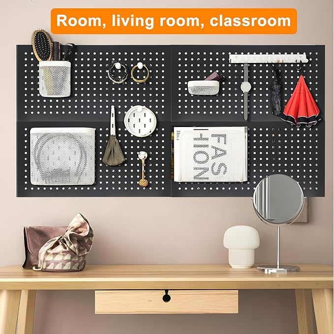 4 Pack Metal Pegboard Panels 24" x 12" Black Heavy Duty Steel Pegboard Wall Organizer, Garage Utility Tools Pegboard Storage 