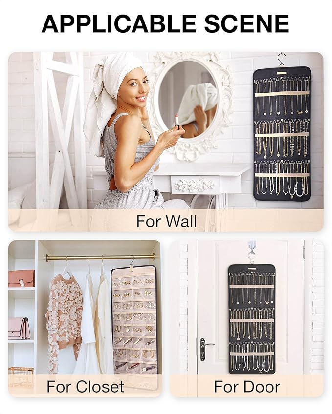 BAGSMART Hanging Jewelry Organizer Storage Roll with Hanger Metal Hooks Double-Sided Jewelry Holder for Earrings, Necklaces, 
