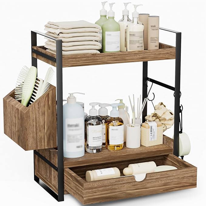 2-Tier Bathroom Counter Organizer with Drawer and Basket, Wood Countertop Organizer for Storage, Skincare Organizers for Vani
