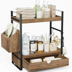 2-Tier Bathroom Counter Organizer with Drawer and Basket, Wood Countertop Organizer for Storage, Skincare Organizers for Vani