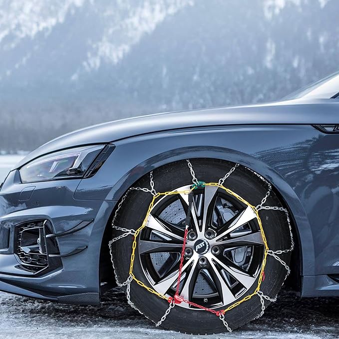 Snow Chains, Wear-Resistant High Carbon Steel Anti Slip Tire Chain for Passenger Cars, Pickups, and SUVs, Set of 2 (KN100)