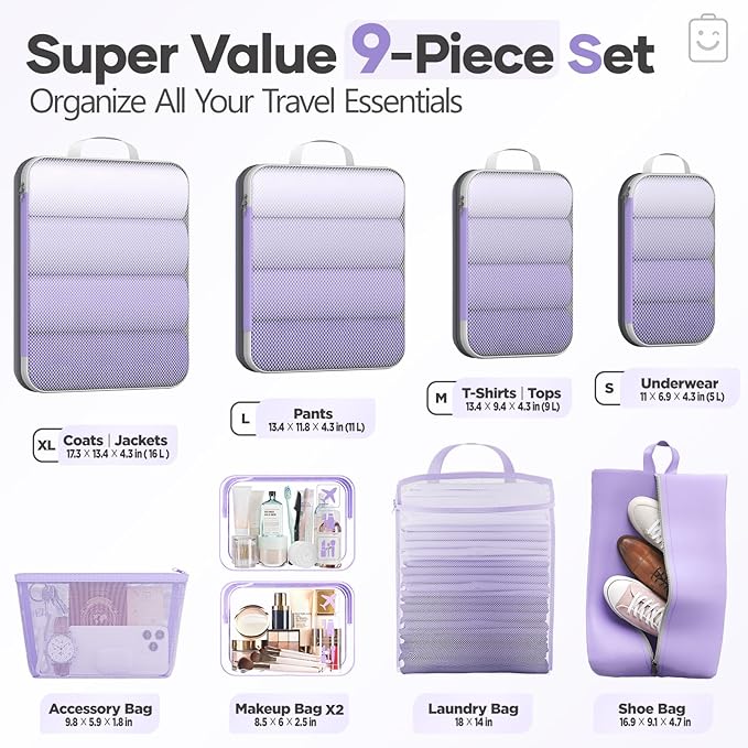 Veken 9/11 Set Compression Packing Cubes for Travel Essentials,Compressible Expandable Large Luggage Suitcase Organizer Bags 