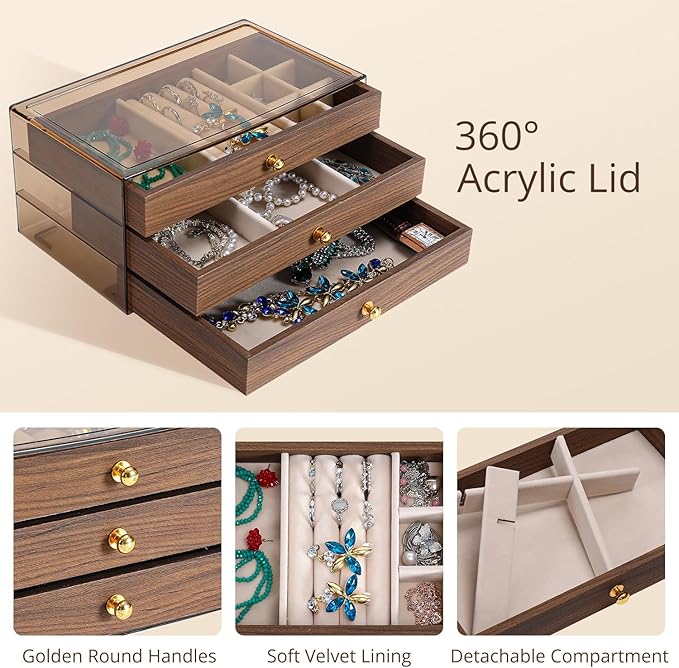 CLUQMEIK 3 Layer Acrylic Case Wooden Drawer Jewelry Organizer with Velvet Lining, Jewelry Box for Women and Girls to Store Ri