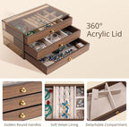 CLUQMEIK 3 Layer Acrylic Case Wooden Drawer Jewelry Organizer with Velvet Lining, Jewelry Box for Women and Girls to Store Ri