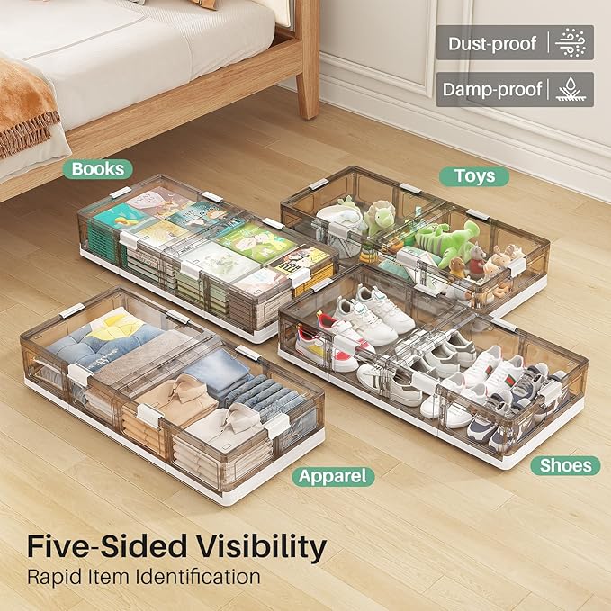 Kitstorack Plastic Under Bed Storage Containers,2 Pack Underbed Storage with Wheels,Foldable and Stackable Under Bed Organize