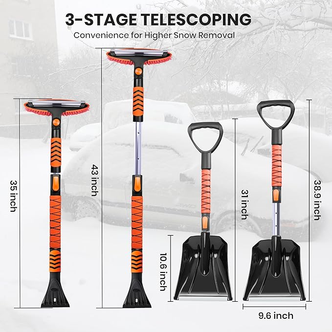 SINTIKI 43" Ice Scrapers for Car Windshield and Snow Shovel Kit, Extendable Snow Brush for Truck with EVA Grip, 180° Pivoting Brush Head Detachable Snow Scraper for Car, SUV, Truck Auto