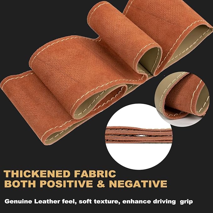 AUTOXBERT 38cm/15 Inch Genuine Leather DIY Steering Wheel Cover Soft Hand Sewing On Wrap Cover with Needles Thread fit for VW