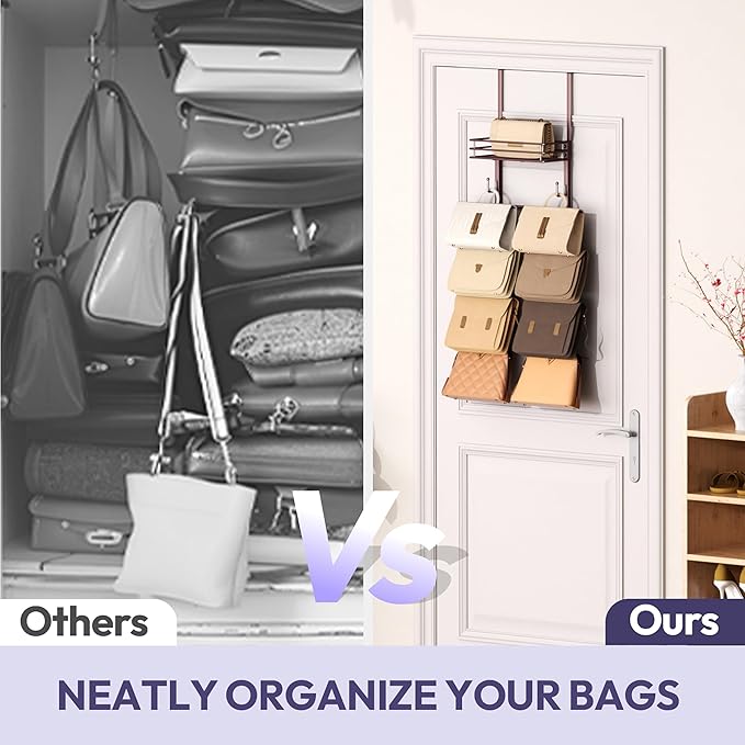 SWTYMIKI Over The Door Purse Organizer - Wall Mounted Handbag Organizer with 10 Hooks and Metal Basket, Hanging Purse Storage
