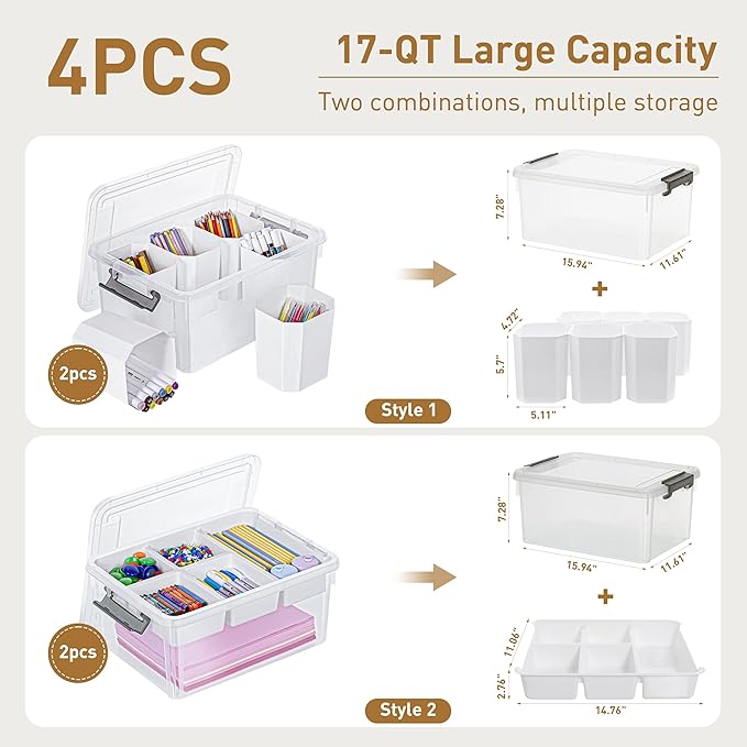 Citylife 17 QT Plastic Storage Box with Removable Tray and 6 Detachable Tall Inserts Craft Organizers and Storage Clear Stora