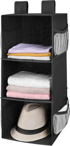 MAX Houser 3-Shelf Hanging Closet Organizers, Collapsible Closet Hanging Shelves for Camper, Nursery Hanging Organizers, Blac