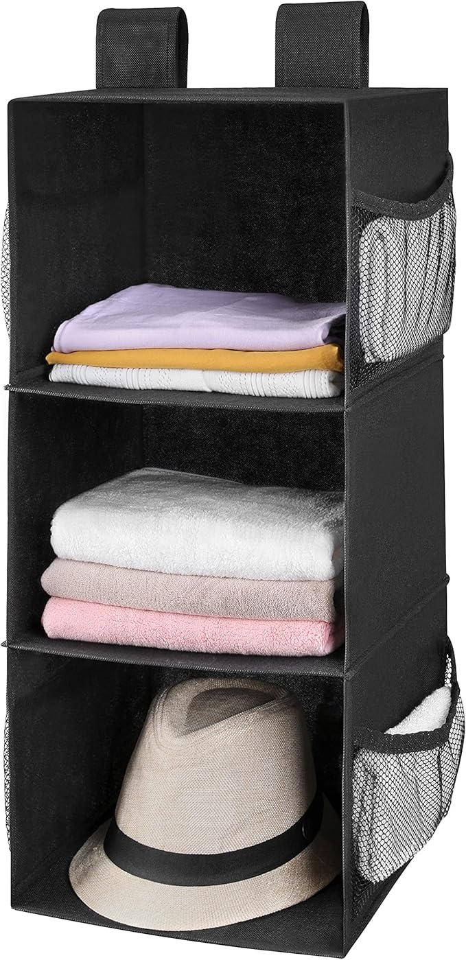 MAX Houser 3-Shelf Hanging Closet Organizer, Hanging Sweater Organizer, Foldable Hanging Shelves for Closet with 2 Velcro, Bl