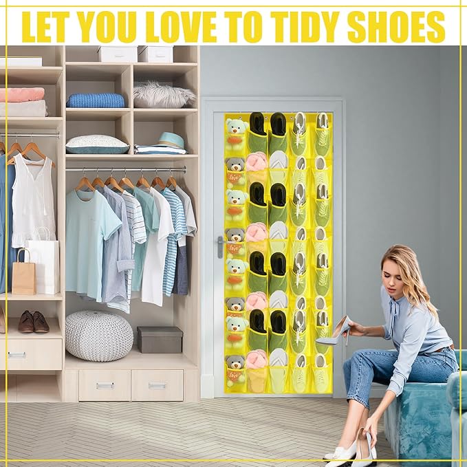Windyun 40 Over the Door Shoe Organizer Large Mesh Pocket Hanging Shoe Rack for Closet Yellow Nonslip Behind Door Storage Hol