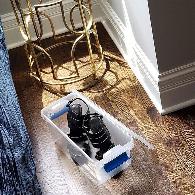HOMZ 5-Pack Latching Lid, Clear Plastic Storage Organizer Bins, 7.5 Quart, Blue Latch - Stackable Organizing Containers for H