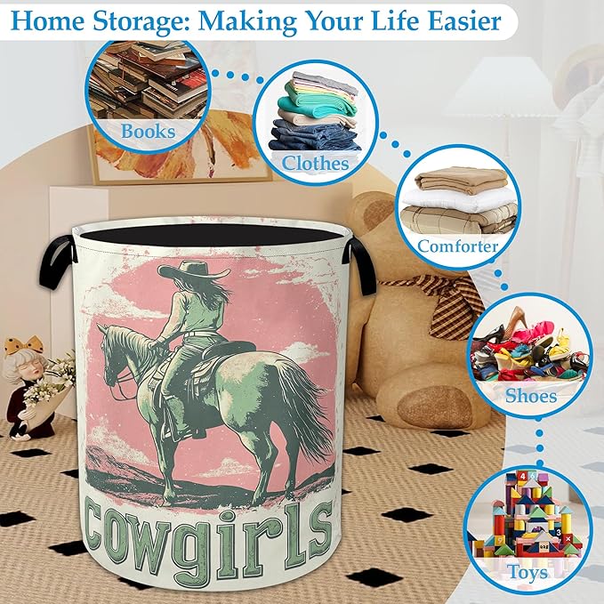 Vintage Cowgirl Laundry Basket Collapsible Laundry Hamper, Oxford Cloth Storage Bin for Room/Bathroom/Bedroom/Dormitories 16"