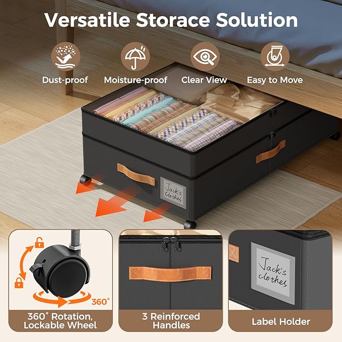 Under Bed Storage with Wheels, Large Capacity UnderBed Containers with Clear Lids, Shoe Organizer Under Bed Drawers, Rolling 
