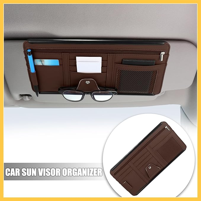 PU Leather Car Sun Visor Organizer Glasses Holder Auto Accessories Pocket Organizer with Panel Back Brown Auto Replacement Parts