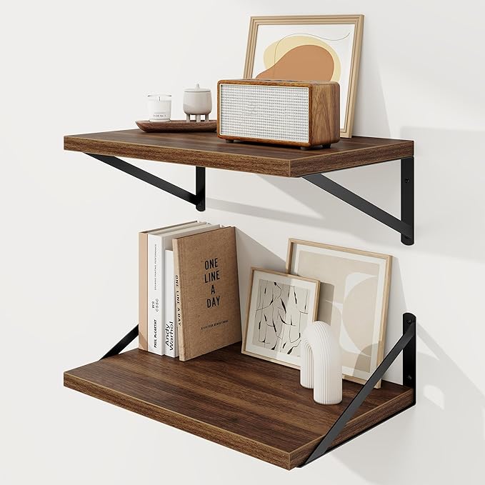 Floating Shelves, 12 Inch Deep Rustic Wood Wall Storage, 16W x 12D Wall Shelves Set of 2, Heavy Duty Metal Brackets, Large In
