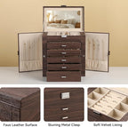 Frebeauty Large Jewelry Box,6-Tier PU Leather Jewelry Organizer,Multi-functional Storage Case with Mirror,Accessories Holder 