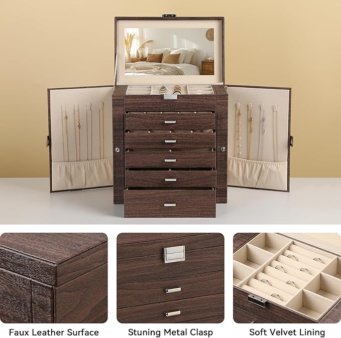 Frebeauty Large Jewelry Box,6-Tier PU Leather Jewelry Organizer,Multi-functional Storage Case with Mirror,Accessories Holder 