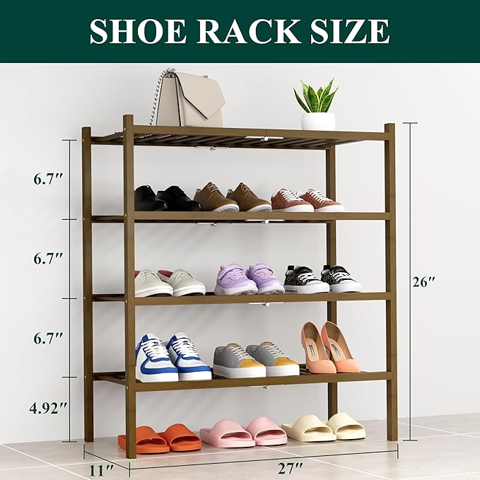 Smiry Shoe Rack, 4 Tier Thick Bamboo Shoe Organizer, Stackable Free Standing Wooden Shoe Storage Shelf for Closet, Entryway, 