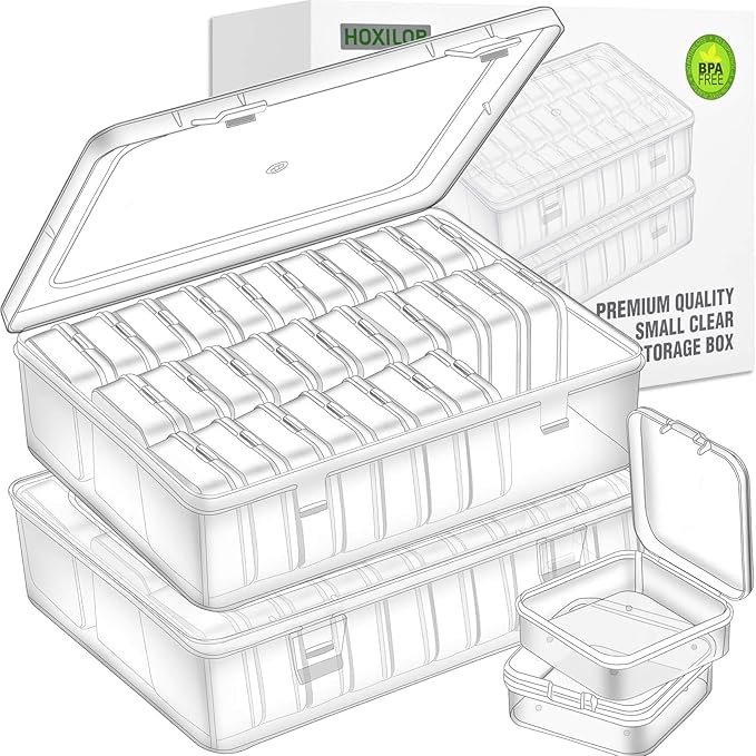 Bead Organizer Box, 60pcs Small Clear Plastic Storage Containers, Craft Storage Box Features Hinged Lid and Labels, Mini Boxe
