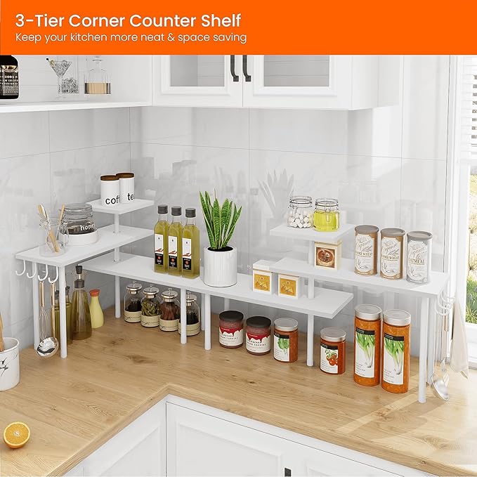Homode Kitchen Countertop Organizer Corner Shelf, Bathroom Counter Organizers and Storage, 3 Tier Wood Shelf Organizer Space 