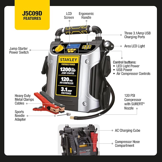 Stanley J5C09D 1200 Peak Amp Automotive Jump Starter, Portable Power - 2.1A/10W USB Port, 120 PSI Air Compressor