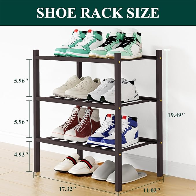 Smiry Shoe Rack, 3 Tier Small Bamboo Shoe Organizer, Stackable Free Standing Wooden Shoe Storage Shelf for Closet, Entryway, 