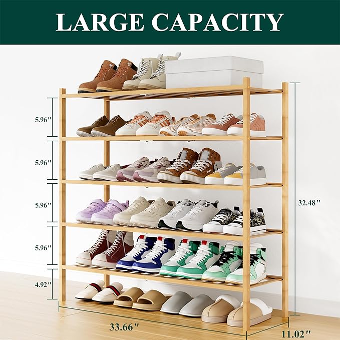 Smiry Shoe Rack, 5 Tier Long Bamboo Shoe Organizer, Stackable Free Standing Wooden Shoe Storage Shelf for Closet, Entryway, F