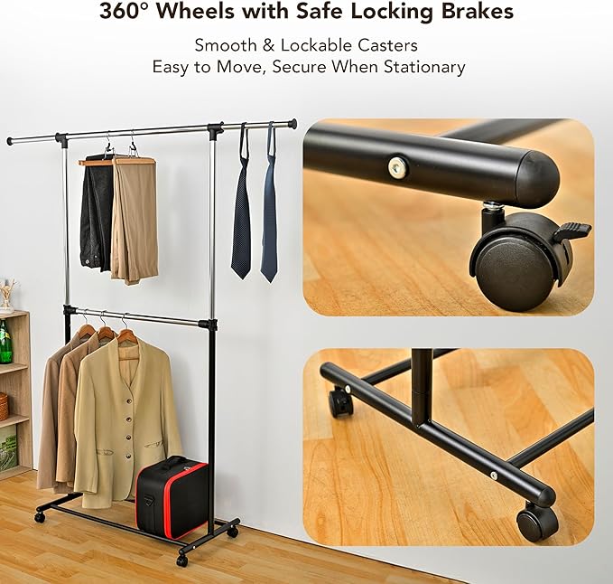 Displays By Jack Double Rail Clothes Rack, Adjustable Rolling Garment Rack on Wheels – Extendable Hanging Rods & Bottom Shelf