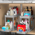 2PC Under Sink Organizer Rack 2 Tier Under Sliding Cabinet Basket Organizer Drawer with 4 Hooks, Multi-purpose Under Sink Sto