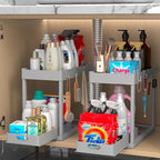 2PC Under Sink Organizer Rack 2 Tier Under Sliding Cabinet Basket Organizer Drawer with 4 Hooks, Multi-purpose Under Sink Sto