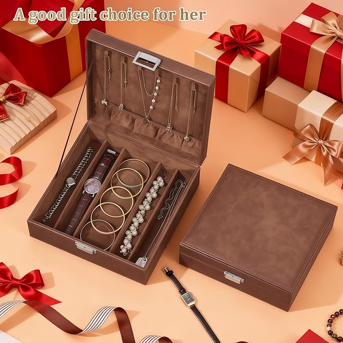 BEWISHOME Jewelry Boxes for Women, 2-Layer Necklace Organizer Box, Modern Style Jewelry Organizers and Storage with Removable