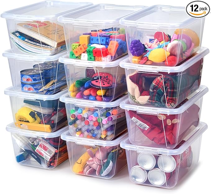 GAMENOTE 6 Quart Storage Bins with Lids,12 Pack Transparent Plastic Latching Box for Classroom & Kids Toy Storage,Clear Stack