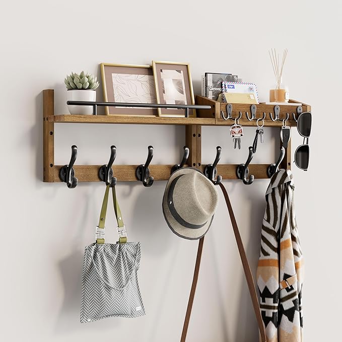 29 inch Coat Rack Wall Mount with Shelf, Set of 2 Heavy Duty Coat Hooks Wall Mount, Entryway Coat Hanger Wall Shelf with Key 