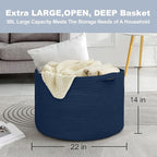 MEGASKET Dark Blue Basket for Organizing, 22" x 14" Extra Large Woven Cotton Rope Laundry Basket, Blanket Storage for Living 