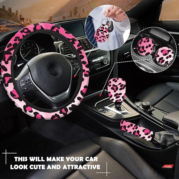 10 Pieces Leopard Print Printing Car Steering Wheel Cover Center Console Armrest Pad Headrest Seat Belt Cover Handbrake Cover Keychain Coaster Full Set Car SUV(Pink)