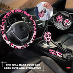 10 Pieces Leopard Print Printing Car Steering Wheel Cover Center Console Armrest Pad Headrest Seat Belt Cover Handbrake Cover Keychain Coaster Full Set Car SUV(Pink)