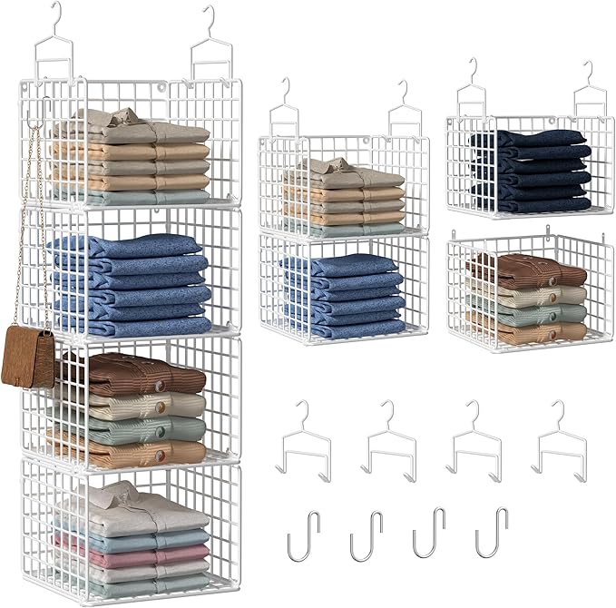 Hanging Closet Organizer, 4 Tier Metal Closet Organizers and Storage with 4 Hanging Hooks 4 S-Hooks for Wardrobe Laundry Room