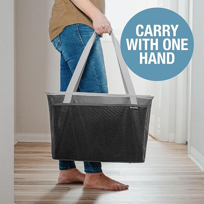 CleverMade Collapsible Tote Basket MAX (64L) – Extra Large Foldable Carry-All Storage Bin with Front Pocket, 60 lb Capacity L
