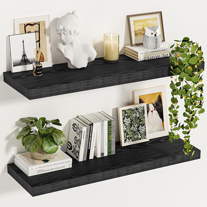 Vivelove Black Floating Shelves 24 Inches Wide, 12" Deep Wall Shelves for Bedroom, Bathroom, Living Room, Kitchen, Office, Ru