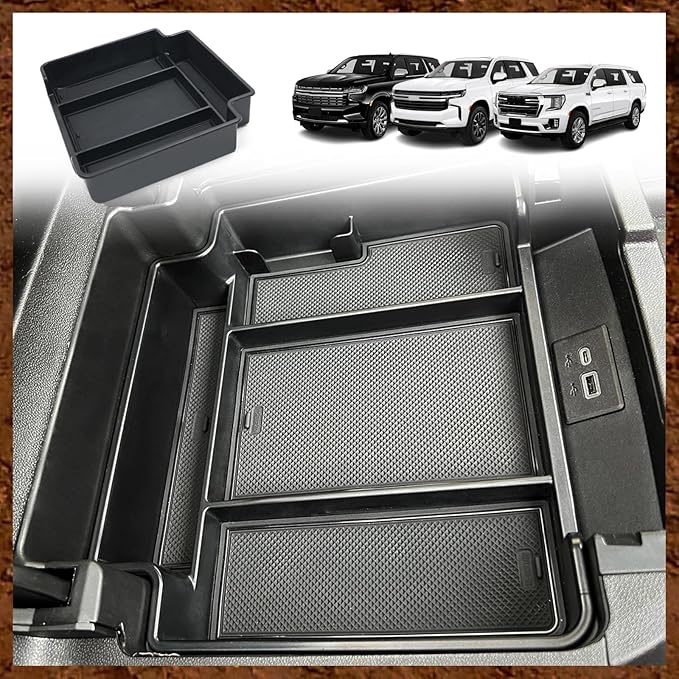 Muslogy for 2021-2026 Yukon Tahoe Suburban Center Console Tray Middle Organizer ABS Armrest Storage Box Compatible with GMC Yukon Tahoe Suburban 2021-2025 2026 Not for Sliding Console(Black)