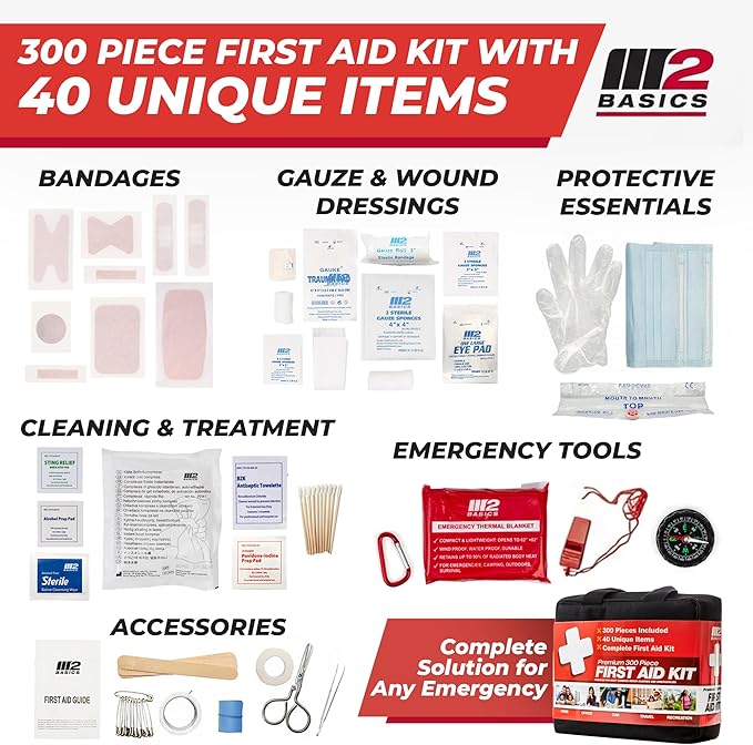 M2 BASICS Premium 300 Piece Professional First Aid Kit, 40 Unique Items, Durable Carry Bag for Home, Car, Business, Travel & 