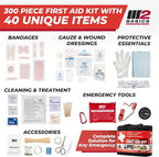M2 BASICS Premium 300 Piece Professional First Aid Kit, 40 Unique Items, Durable Carry Bag for Home, Car, Business, Travel & 