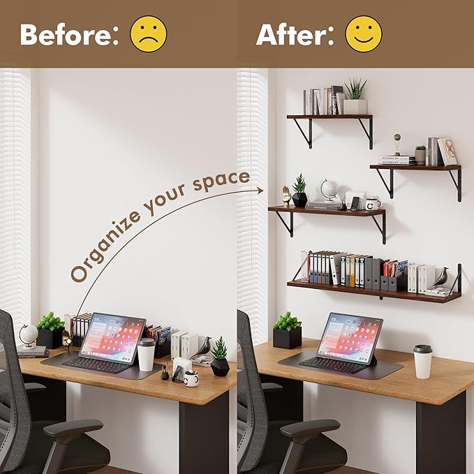 Floating Shelves for Wall, 36W x 8D Wide Bookshelf with Brackets Set of 3, Wood Wall Mounted Shelves for Living Room, Kitchen