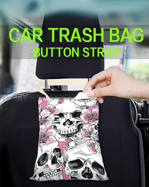 Car Garbage Can, Car Trash Bag, Car Garbage Bag, Hanging Car Trash Can for Car Accessories, Vehicle, Travelling, Camping, Cute Car Back Seat Organizer, Skull Pink Floral