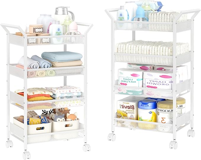 2 Pack Baby Diaper Caddy Cart, 4-Tier Diaper Caddy Organizer and Storage, Rolling Utility Cart for Baby Supplies, Diaper Cart